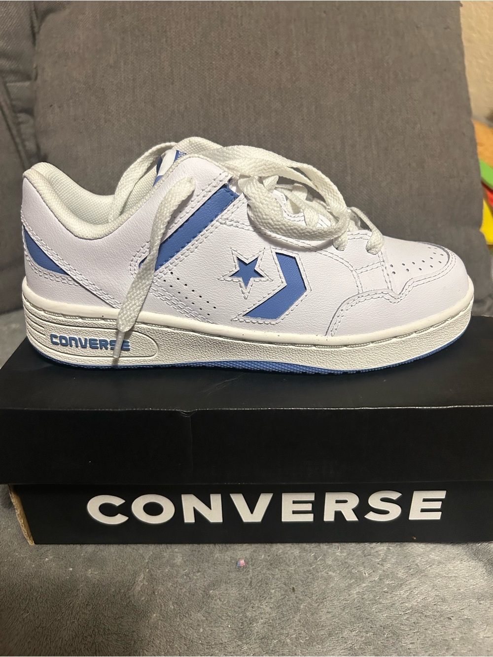 Converse Kids White Leather Sneakers with Light Blue Accents
